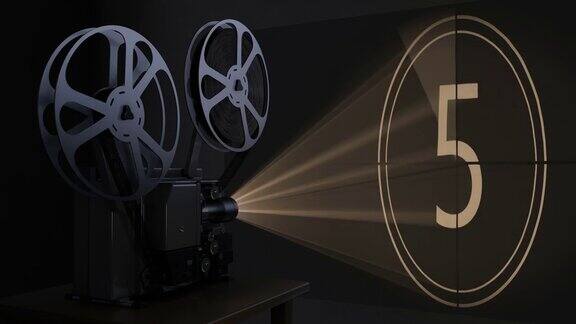 带有胶片的电影放映机在屏幕上播放复古倒计时视频