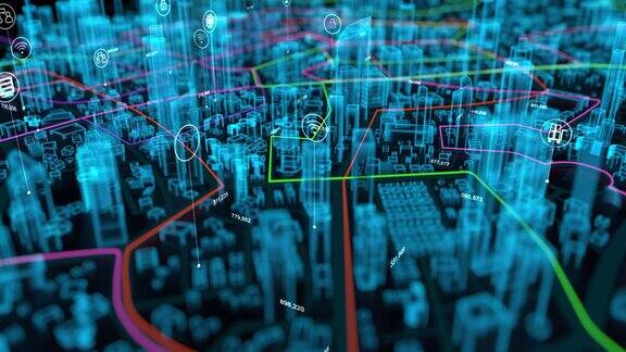 3D绘制目标线移动通过全息城市的鸟瞰图以物联网图标用于GPS导航和数据传输概念浅层景深暗纹处理