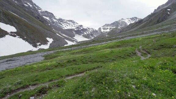 无人机快速拍摄的镜头近距离掠过一片高山草甸然后向上倾斜展示了瑞士崎岖不平、冰川雕刻、积雪覆盖的山脉景观和一条偏远的徒步小径