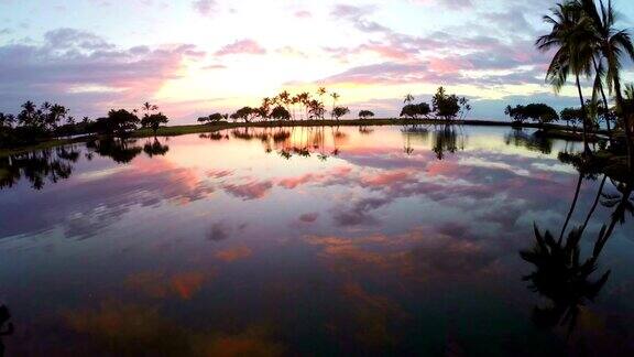 夏威夷的空中日落飞过棕榈树