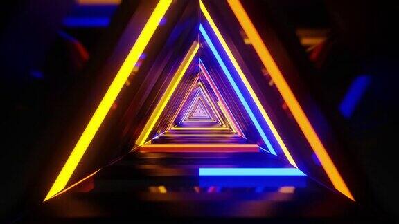 移动在无限三维三角形隧道循环电子音乐未来4K背景光隧道