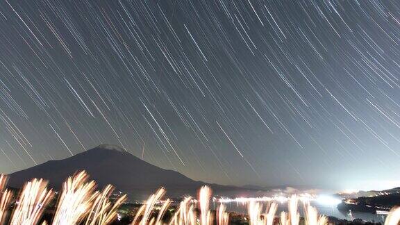 与富士山和山中湖的星迹时间流逝