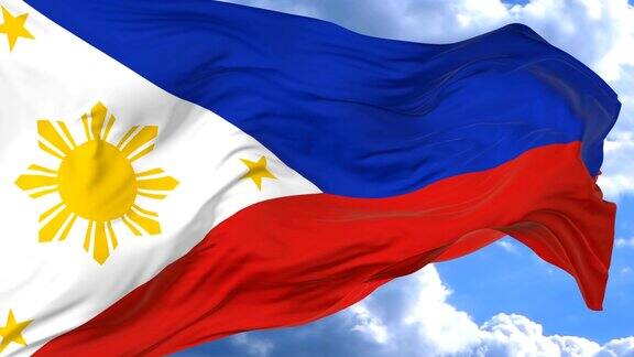 在菲律宾蔚蓝的天空中挥舞着国旗