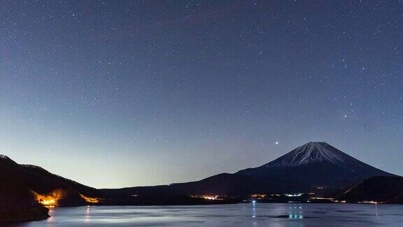延时:富士山与星迹在川口湖鸟瞰图