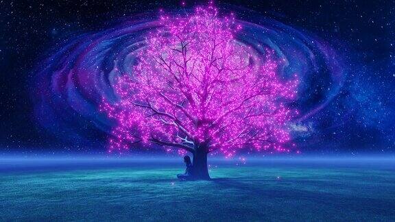 一个女孩坐在发光的树下背景是星星和旋转的星系