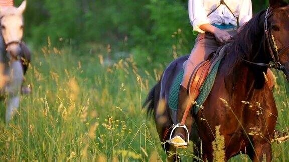 夕阳西下的夏日田野里两个年轻女子骑着马
