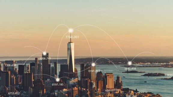 曼哈顿城市和5G网络概念日落纽约
