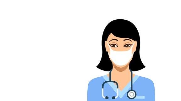 年轻女护士戴防护医用口罩的动画