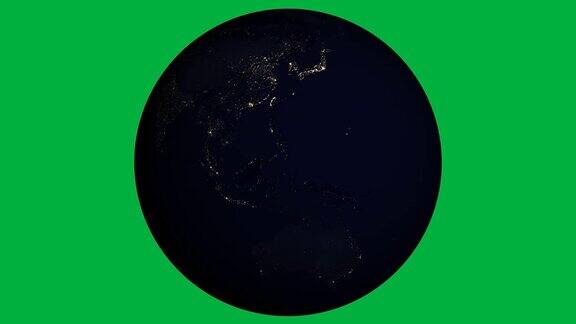 高清现实的夜晚地球旋转(循环在绿色屏幕)完美的为您自己的背景使用绿色屏幕