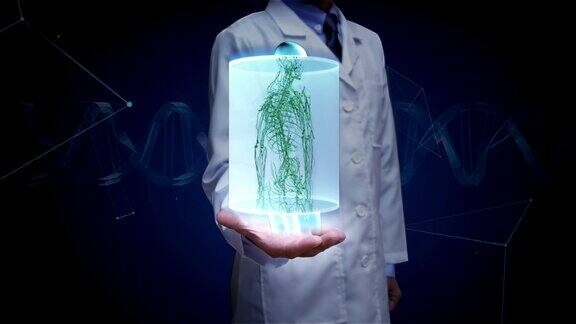 医生打开手掌男性人体扫描淋巴系统蓝色的x射线