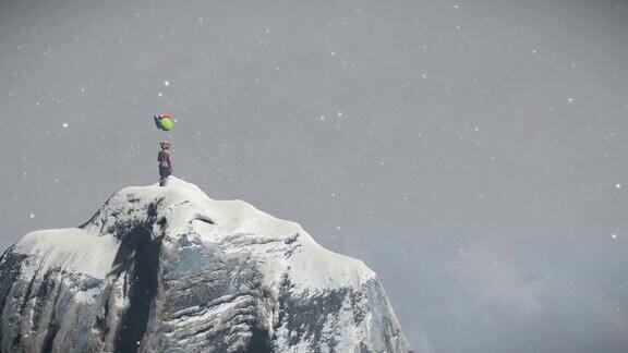 被遗弃的小女孩在雪山顶上拿着气球无人机拍摄4K