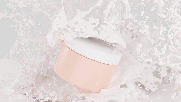 化妆品设计洁面、保湿护肤剂广告包装塑料奶油罐在牛奶滴和飞溅逼真的3D动画定格运动白色背景