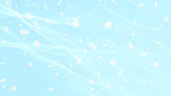 浅蓝色抽象背景与雪花和发光粒子