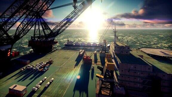 日出时分海上一艘石油钻井平台与一艘路过的油轮在一起现实的电影动画