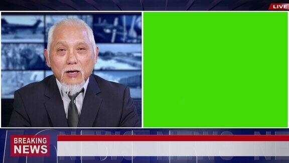 4K视频:资深亚洲新闻广播员用绿色屏幕显示模拟使用突发新闻