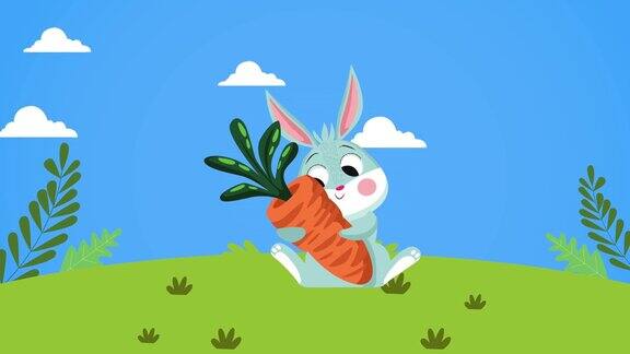 复活节快乐与可爱的兔子拥抱胡萝卜在营地
