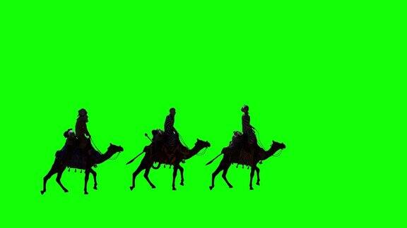 基督教的圣诞场景与三个智者和闪亮的明星无缝3d渲染4K循环视频动画在绿色屏幕上