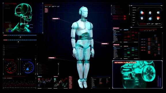 在数字界面中旋转透明3D机器人身体显示