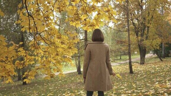 一个女人站在秋天公园的树下手里纺纱枫叶