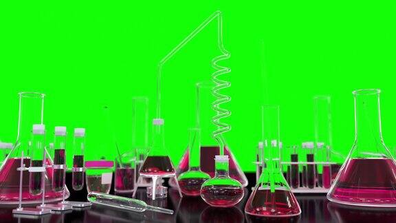 试管和其他实验室玻璃器皿滚动无缝循环绿色医疗冠状病毒疫苗背景-60FPS4K超高清3D循环动画