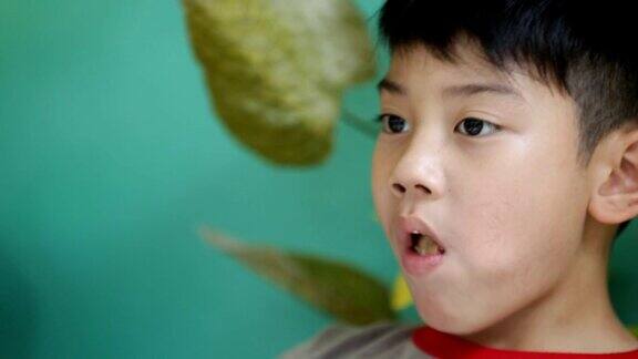 亚洲小男孩在吃零食