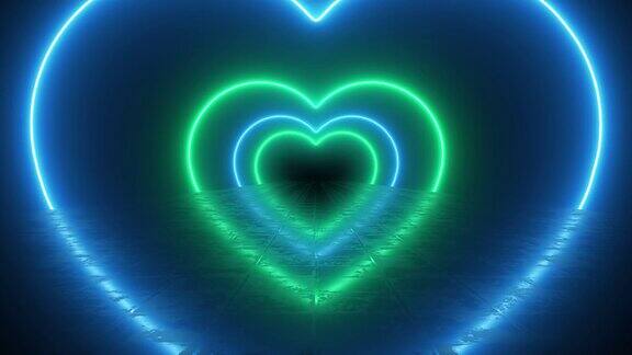 霓虹心隧道情人节浪漫背景蓝色和绿色的心