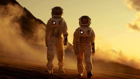两名宇航员穿着宇航服在火星上自信地行走在火星表面进行探索探险被岩石、气体和烟雾覆盖的红色星球人类克服困难