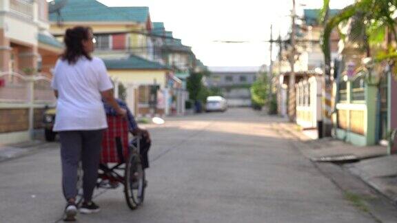 老人和她的女儿推着轮椅在村子里转
