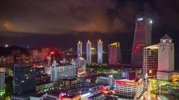 夜晚明亮的灯光照亮了珠海的城市风光市中心的屋顶全景4k的时间流逝中国