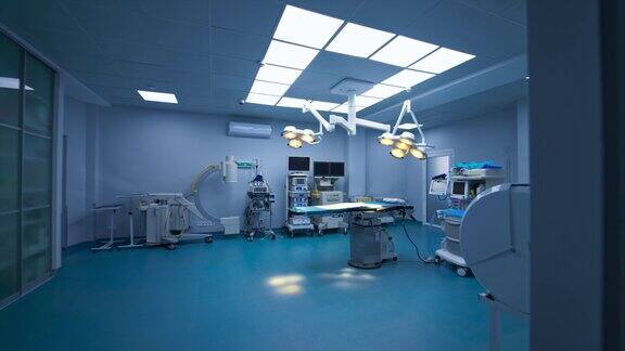 从黑暗的大厅进入明亮宽敞的手术室接近手术台上面开着灯城墙上有先进的设备