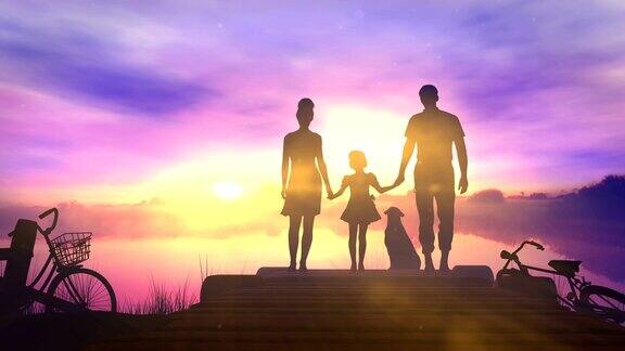 一家人带着孩子站在一个小码头上欣赏日落