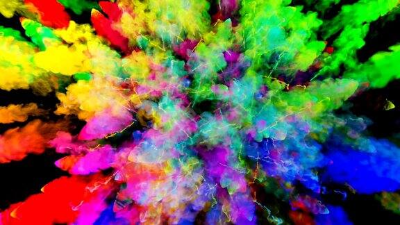 爆炸的火药孤立在黑色背景3d动画的粒子作为彩色的背景或覆盖效果迸发出彩虹般的色彩粉饼呈现出明亮如胡里节21