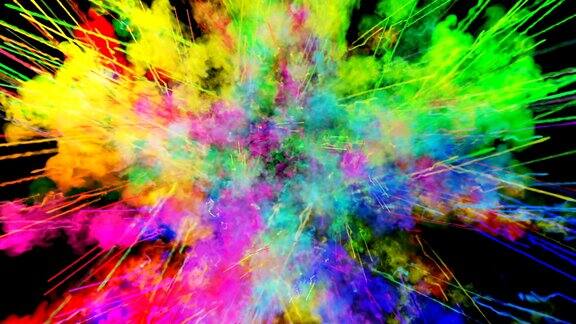 爆炸的火药孤立在黑色背景3d动画的粒子作为彩色的背景或覆盖效果迸发出彩虹般的色彩粉饼呈现出明亮如胡里节42