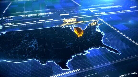 美国印第安纳州边界3D现代地图与名称地区轮廓
