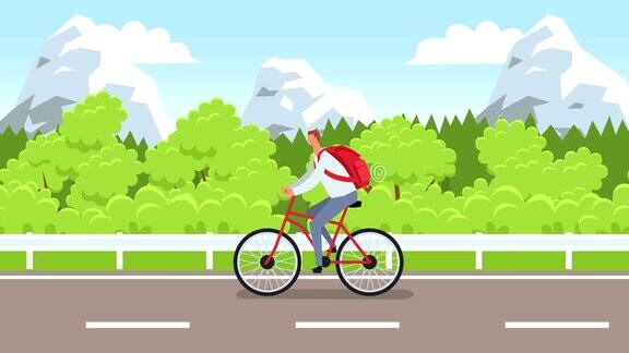 平面卡通棍人物彩色人性格骑自行车沿高山公路公路与LumaMatte