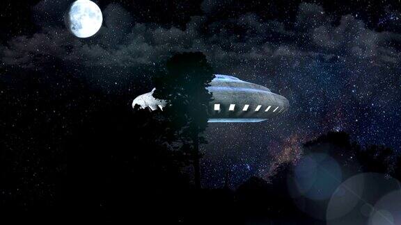 UFO飞过黑夜的森林抽象的背景