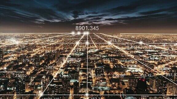 PAN芝加哥城市和5G网络夜间概念