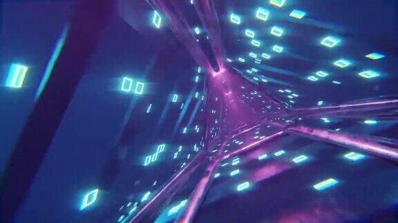 赛博朋克风格复古未来主义80年代的设计3D4k数字动画飞行通过发光旋转霓虹三角形创建一个隧道蓝色红粉色光谱荧光紫外线现代彩色照明可循环4k动画