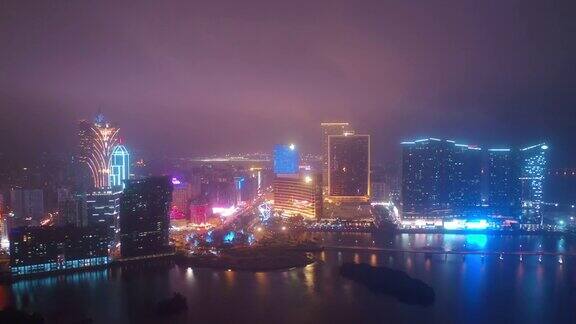 澳门市区海湾夜景时间照明航拍4k中国