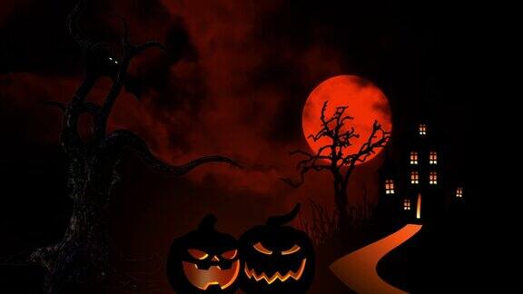 万圣节前夜血红色的月亮在黑色的天空背景上房子的剪影光秃秃的树橙色的南瓜和蝙蝠万圣节人物显卡
