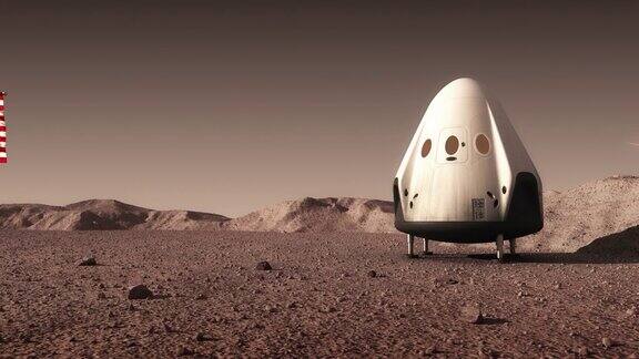 火星表面和美国国旗上的商业航天器降落舱