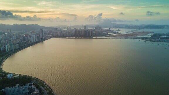 中国黄昏日落珠海著名海湾澳门航拍全景4k时间流逝