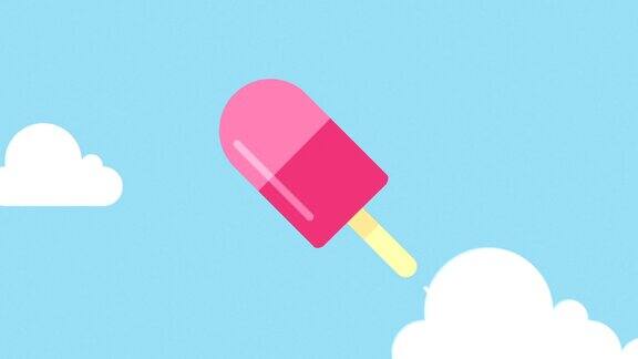 美味的水果冰淇淋穿过云层飞向天空循环3d动画