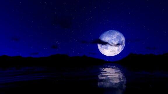这是一个浪漫的场景满月倒映在水面上映衬着星空和流云