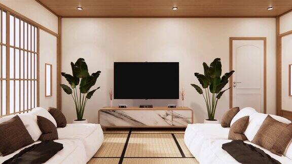 白色地板的空房间墙上是木制设计三维渲染