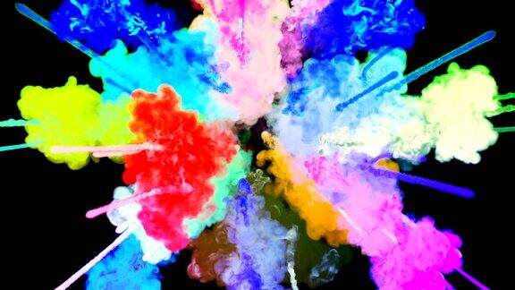 爆炸的火药孤立在黑色背景3d动画的粒子作为彩色的背景或覆盖效果迸发出彩虹般的色彩粉饼呈现出明亮如胡里节17