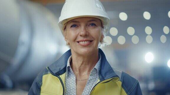 身穿安全制服、头戴安全帽、面带微笑的重工业女工程师肖像背景中未聚焦的大型工业工厂焊接火花飞扬