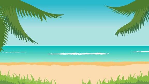 动画热带景观-海滩大海海浪棕榈树