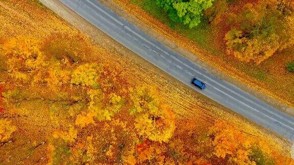 天空的秋天的道路车鸟瞰秋天森林中的乡村道路