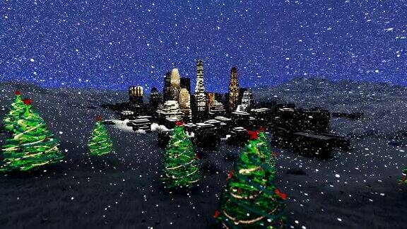 穿过五彩缤纷的圣诞树展现夜城